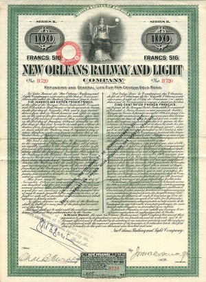 New Orleans Railway and Light Company - $100 (Uncanceled)